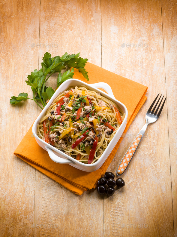 spaghetti with tuna capers olives and peppers Stock Photo by